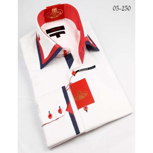 Axxess White / Blue / Red Handpick Stitching Three Layer Collar 100% Cotton Dress Shirt 05-250